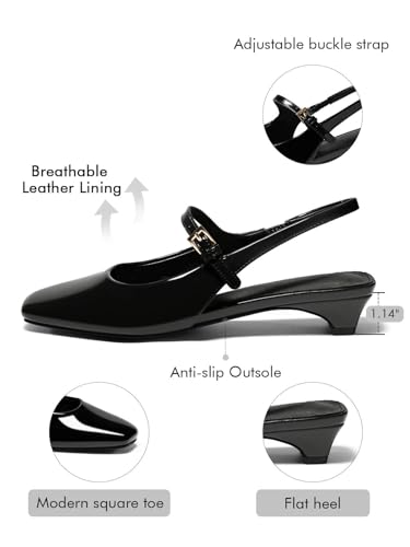 Womens Mary Jane Chunky Low Heels Slingback Ballet Flats Closed Square Toe Wedding Dress Shoes