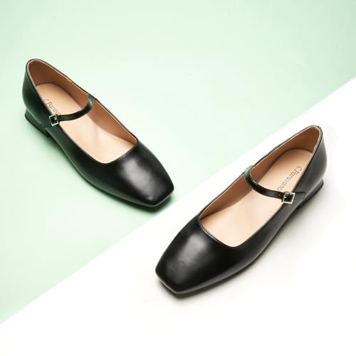 Women's Mary Jane Flats Adjustable Strap & Square Toe | Memory Foam Comfort | Perfect for Office, Weddings, Travel