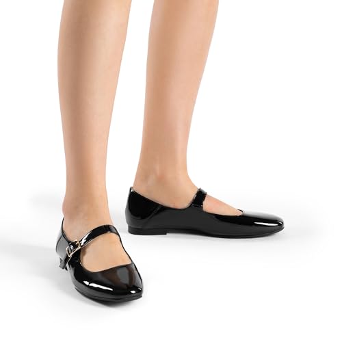 Women's Silver Square Toe Mary Jane Flats: Comfortable Casual Slip On Dress Shoes with Buckle Strap for Women's Daily Wear
