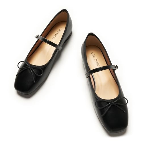 C. Paravano Women's Mary Jane Flats - Lightweight & Comfortable Square Toe Bowknot Ballet Flats with Adjustable Strap, Perfect