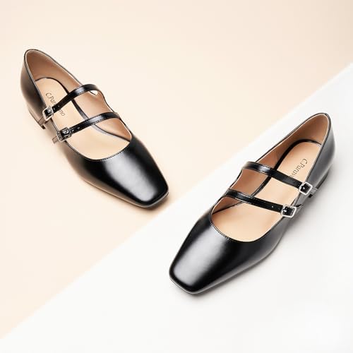 Women's Mary Jane Flats | Square Toe Ballet Flats with Adjustable Straps | Dress Shoes for Work | Comfortable Shoes for Daily