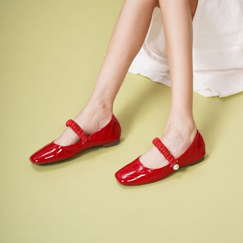 Mary Jane Flats for Women | Square Toe Ballet Flats with Pearl Strap | Comfortable Dress Shoes for Work, Wedding, Party & Daily