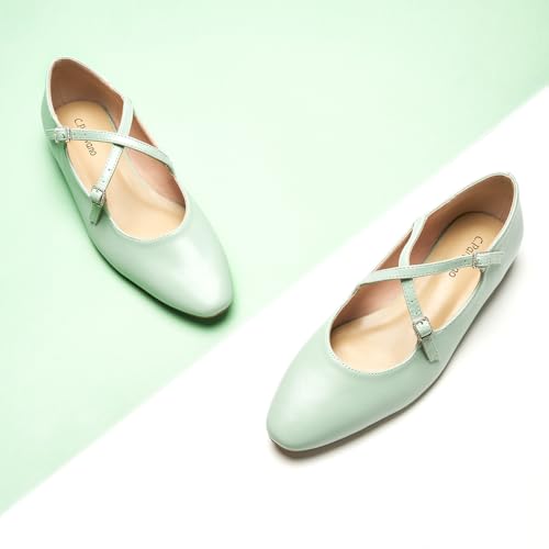 Women's Mary Jane Flats Almond Toe Ballet Flats Shoes for Women，Work, Casual and Daily Wear(Size 7,Green)