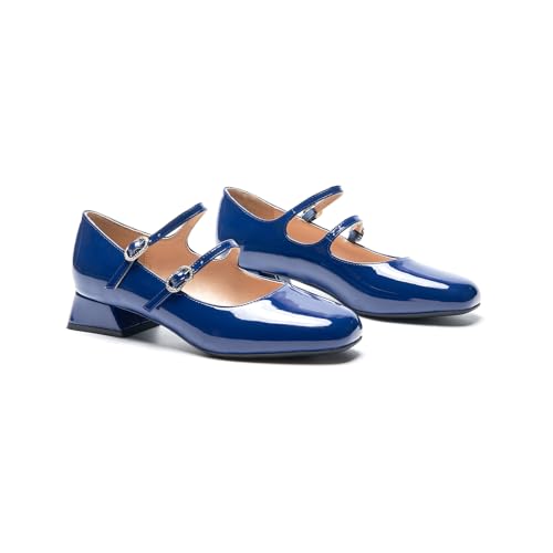 Women's Mary Jane Pumps | Square Toe Low Heel Pumps | Leather Shoes with Adjustable Straps | Slip On Dress Shoes for Work Daily