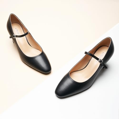 Women's Pumps Mary Jane Pumps Closed Almond Toe Block Heels Adjustable Strap Fashion Causal Party Wedding Shoes(Black,8)