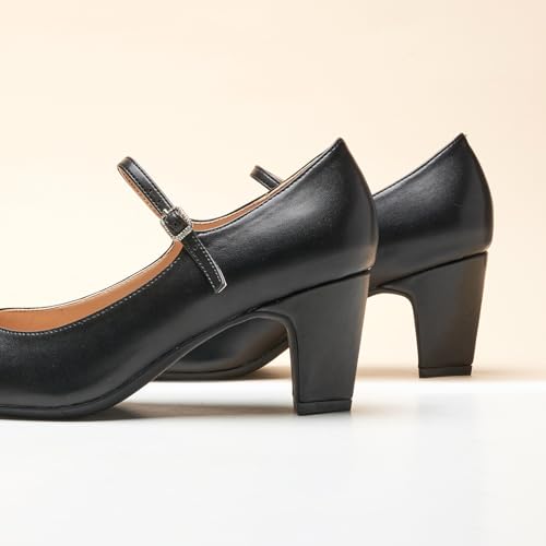Women's Pumps Mary Jane Pumps Closed Almond Toe Block Heels Adjustable Strap Fashion Causal Party Wedding Shoes(Black,8)