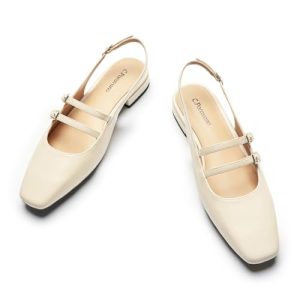 Women's Slingback Flats|Sandals Square Toe Dress Shoes|Flat Heel Double Strap Shoes for Bridal Showers, Date Nights & Summer