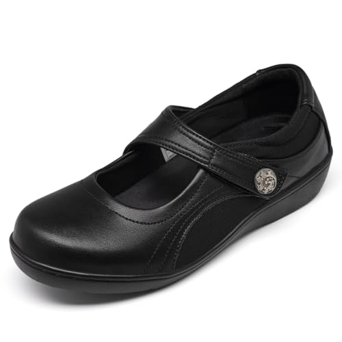 31YLIXswIpL.jpg Women's Flat Mary Jane Shoes Black Leather Oxford Shoes for Women - Comfortable Slip-On Leather Loafers