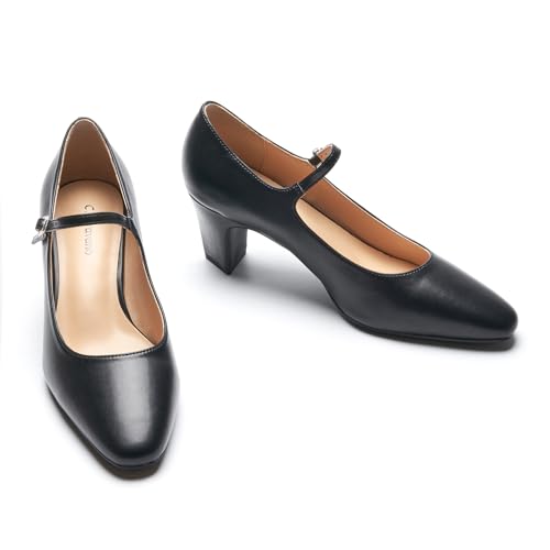 Women's Pumps Mary Jane Pumps Closed Almond Toe Block Heels Adjustable Strap Fashion Causal Party Wedding Shoes(Black,8)