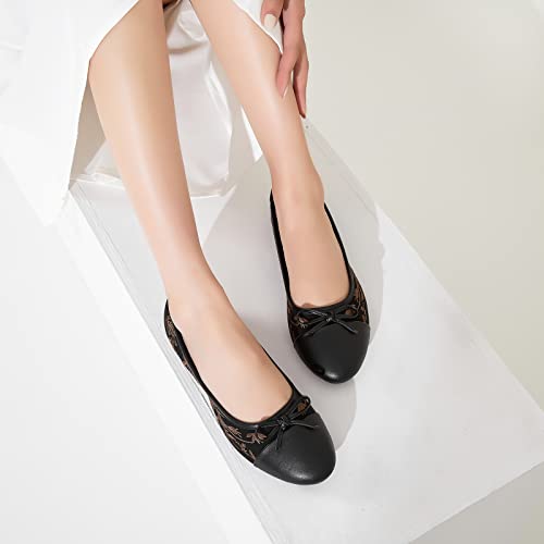 Womens Flats Shoes with Pomegranate Embroidery,White Flats with Bow,Comfortable Round-Toe Flats Shoes,Black Dress Shoes for
