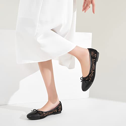 Womens Flats Shoes with Pomegranate Embroidery,White Flats with Bow,Comfortable Round-Toe Flats Shoes,Black Dress Shoes for