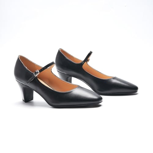 Women's Pumps Mary Jane Pumps Closed Almond Toe Block Heels Adjustable Strap Fashion Causal Party Wedding Shoes(Black,8)