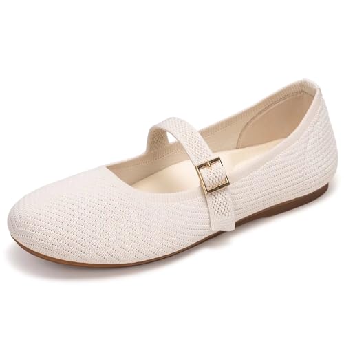 Women's Mary Jane Flats Comfortable Dressy Ballet Flats Casual Round Toe Slip On Washable Knitted Fabric Office Work Woman Shoes