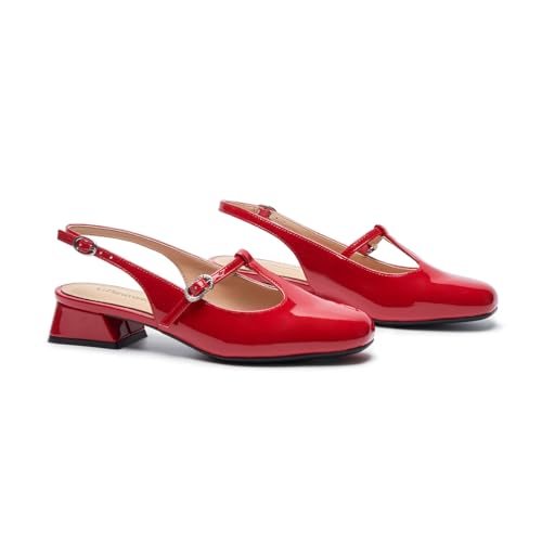 Women's Slingback Pumps | Round Toe Mary Jane Pumps | Low Heel Dress Shoes with Adjustable Ankle Strap