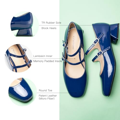 Women's Mary Jane Pumps | Square Toe Low Heel Pumps | Leather Shoes with Adjustable Straps | Slip On Dress Shoes for Work Daily