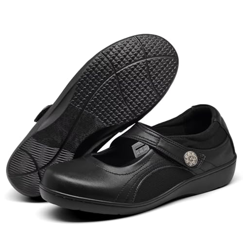 410u5TAoLFL.jpg Women's Flat Mary Jane Shoes Black Leather Oxford Shoes for Women - Comfortable Slip-On Leather Loafers