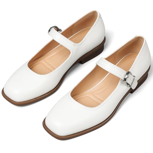 413S1Dkh6yL.jpg Mary Jane Flats with Adjustable Ankle Strap Womens Slip on Mary Janes Dressy Comfortable Square Toe Ballet Flats Shoes for Women
