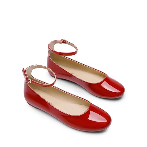 414uAxjAfpL.jpg Women's Dressy Ballet Flats Shoes Round Toe Comfortable Ankle Strap Patent Ballerina Flats Shoes