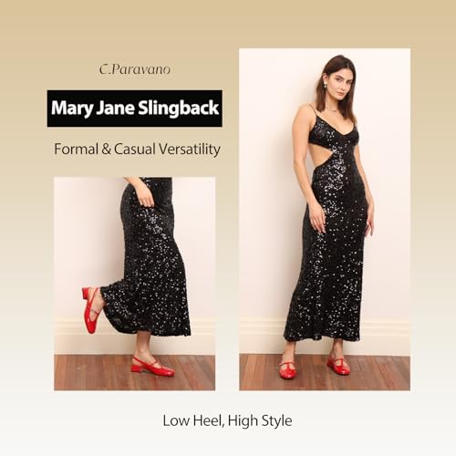 Women's Slingback Pumps | Round Toe Mary Jane Pumps | Low Heel Dress Shoes with Adjustable Ankle Strap