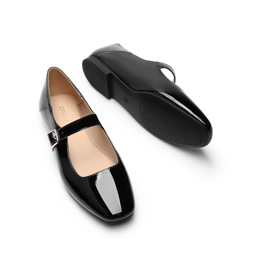 Women's Silver Square Toe Mary Jane Flats: Comfortable Casual Slip On Dress Shoes with Buckle Strap for Women's Daily Wear