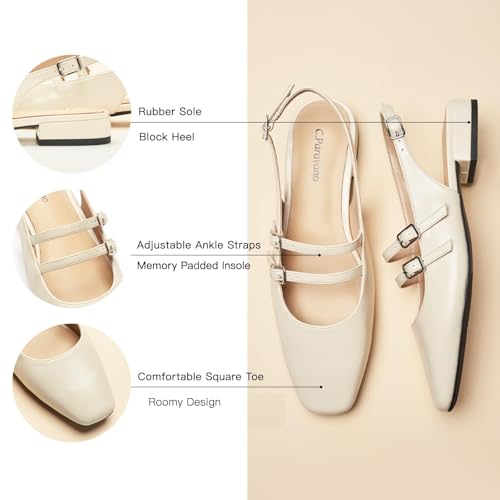 Women's Slingback Flats|Sandals Square Toe Dress Shoes|Flat Heel Double Strap Shoes for Bridal Showers, Date Nights & Summer