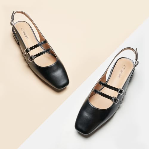 41AwkO1gaFL.jpg Women's Slingback Flats | Square Toe Flats | Adjustable Ankle Strap Shoes | Comfort Slip On Dress Shoes (Size 9.5,Black)