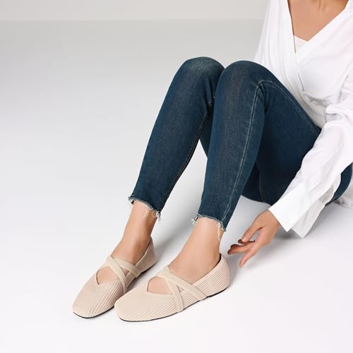 Flats for Women Square Toe Ballet Flats Cross Strap Comfortable Arch Support Dressy Knit Flats for Women Mary Jane Flats Slip On