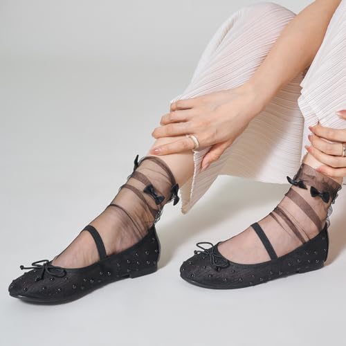 Ballet Flats for Women Closed Round Toe Mary Jane Shoes Women Cute Bowknot Non-Slip Dressy Shoes Elastic Strap Comfortable