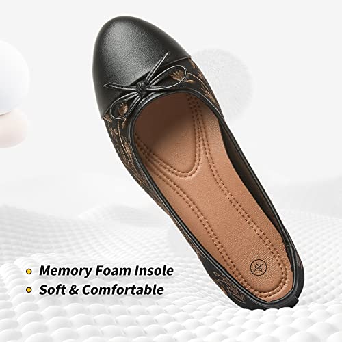 Womens Flats Shoes with Pomegranate Embroidery,White Flats with Bow,Comfortable Round-Toe Flats Shoes,Black Dress Shoes for