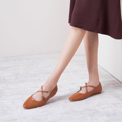 Women's Flat | Mary Jane Flats | Round Toe Flats | Ballet Flats Shoes for Women(Size 9.5,Camel)