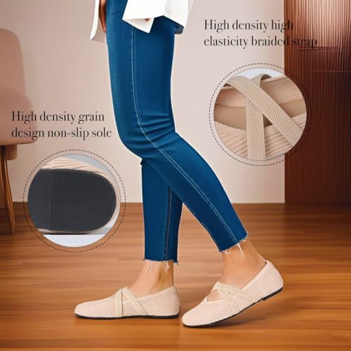 Flats for Women Square Toe Ballet Flats Cross Strap Comfortable Arch Support Dressy Knit Flats for Women Mary Jane Flats Slip On