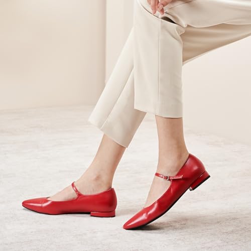 Women's Mary Jane Flats | Almond Toe Ballet Flats | Leather Shoes with Adjustable Strap | Dress Shoes for Work(Size