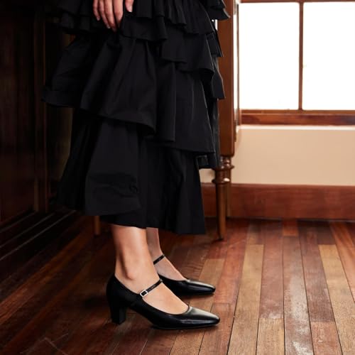 Women's Pumps Mary Jane Pumps Closed Almond Toe Block Heels Adjustable Strap Fashion Causal Party Wedding Shoes(Black,8)