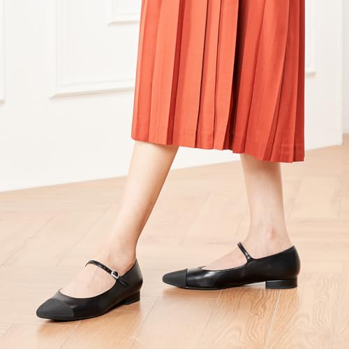 Women's Mary Jane Flats | Almond Toe Ballet Flats | Leather Shoes with Adjustable Strap | Dress Shoes for Work(Size