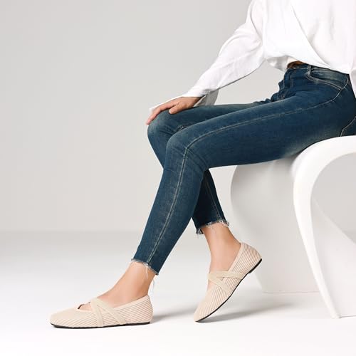 Flats for Women Square Toe Ballet Flats Cross Strap Comfortable Arch Support Dressy Knit Flats for Women Mary Jane Flats Slip On
