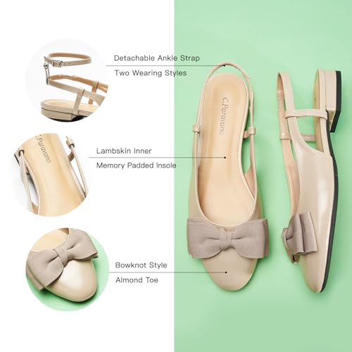 Women's Slingback Flats with Bowknot Flats Sandals Slip on Casual Flats Shoes Detachable Ankle Strap Almond Toe