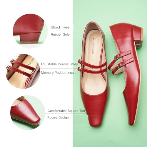 Women's Mary Jane Pumps | Narrow Square Toe Pumps | Work Shoes with Low Block Heel | Daily Wear Leather Shoes