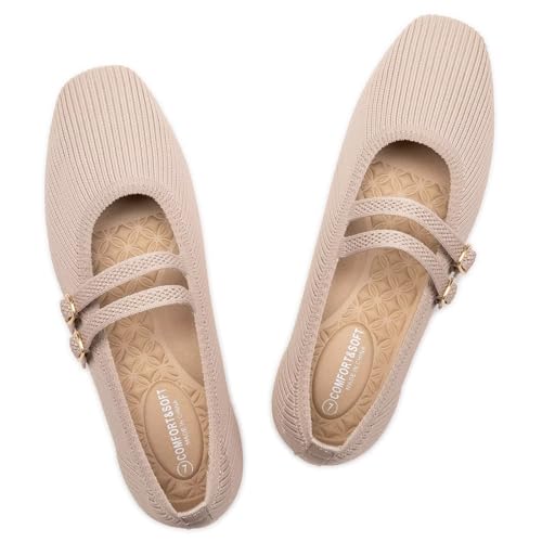 41SVSEl03ML.jpg Women's Flats Square Toe Mary Jane Shoes Ballet Flats with Strap Comfortable Slip On Knit Shoes Dressy Casual