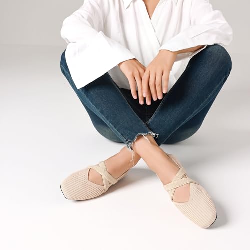 Flats for Women Square Toe Ballet Flats Cross Strap Comfortable Arch Support Dressy Knit Flats for Women Mary Jane Flats Slip On
