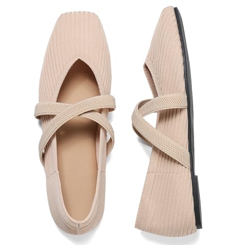 Flats for Women Square Toe Ballet Flats Cross Strap Comfortable Arch Support Dressy Knit Flats for Women Mary Jane Flats Slip On