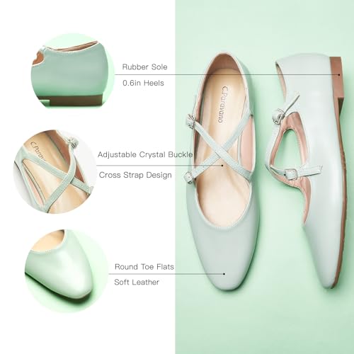 Women's Mary Jane Flats Almond Toe Ballet Flats Shoes for Women，Work, Casual and Daily Wear(Size 7,Green)