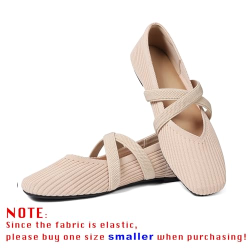 Flats for Women Square Toe Ballet Flats Cross Strap Comfortable Arch Support Dressy Knit Flats for Women Mary Jane Flats Slip On