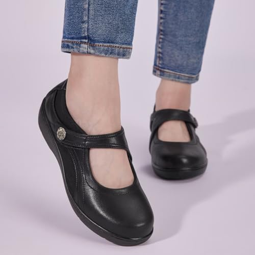 41bLu6gqz4L.jpg Women's Flat Mary Jane Shoes Black Leather Oxford Shoes for Women - Comfortable Slip-On Leather Loafers