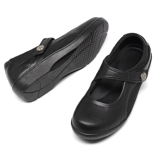 41dFgL80L.jpg Women's Flat Mary Jane Shoes Black Leather Oxford Shoes for Women - Comfortable Slip-On Leather Loafers