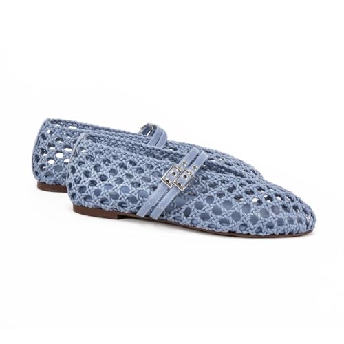 Women's Woven Mary Jane Flats - Mesh Ballet Flats with Adjustable Double Metal Buckle Strap and Round Toe