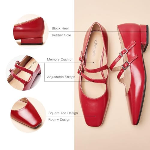 Women's Mary Jane Flats | Block Heel & Adjustable Straps|Square Toe Ballet Flats for Client Lunches, Garden Parties|Pair | Silk