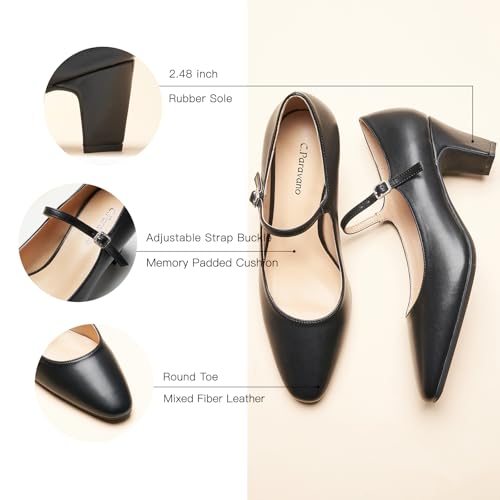 Women's Pumps Mary Jane Pumps Closed Almond Toe Block Heels Adjustable Strap Fashion Causal Party Wedding Shoes(Black,8)