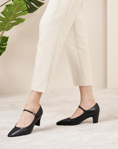 Women's Pumps Mary Jane Pumps Closed Almond Toe Block Heels Adjustable Strap Fashion Causal Party Wedding Shoes(Black,8)