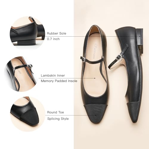 Women's Mary Jane Flats | Almond Toe Ballet Flats | Leather Shoes with Adjustable Strap | Dress Shoes for Work(Size