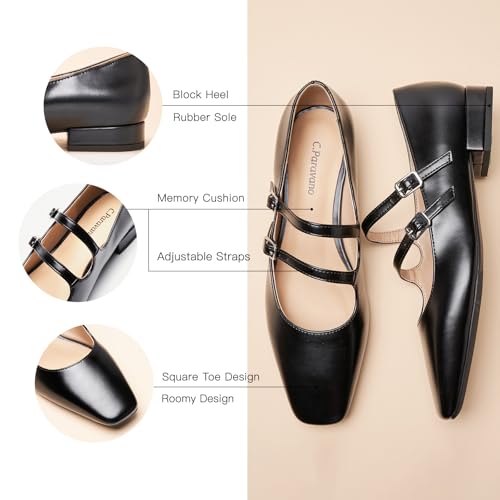 Women's Mary Jane Flats | Square Toe Ballet Flats with Adjustable Straps | Dress Shoes for Work | Comfortable Shoes for Daily